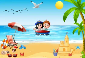 Sunny Beach Paradise Vacation Fun Cartoon Clipart Adventure Scene