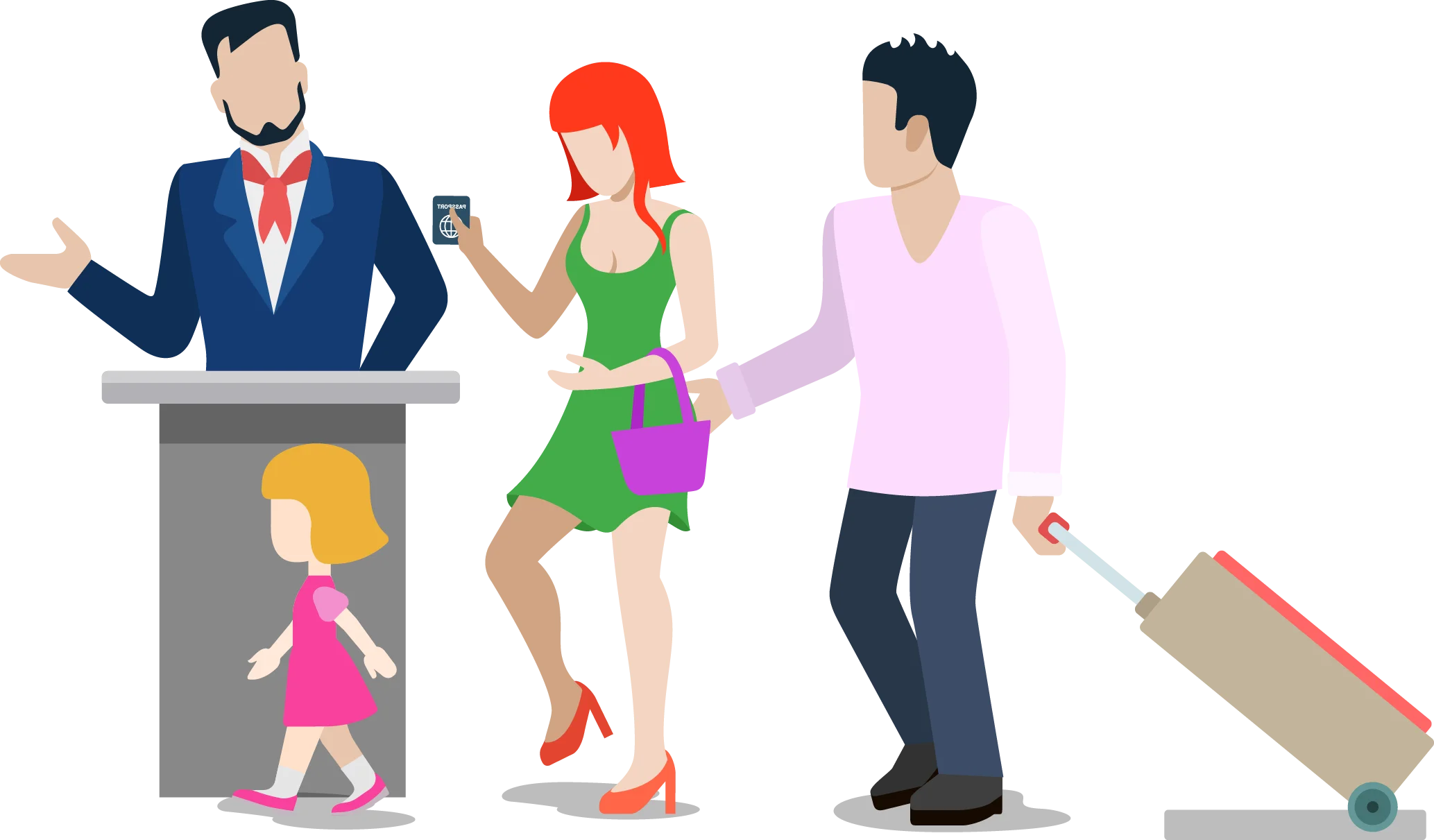 Travel and Vacation Scenes: Colorful People at Airport Check-in Clipart Illustration