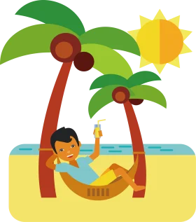 Tropical Beach Relaxation Clipart: Hammock Paradise Under Palm Trees