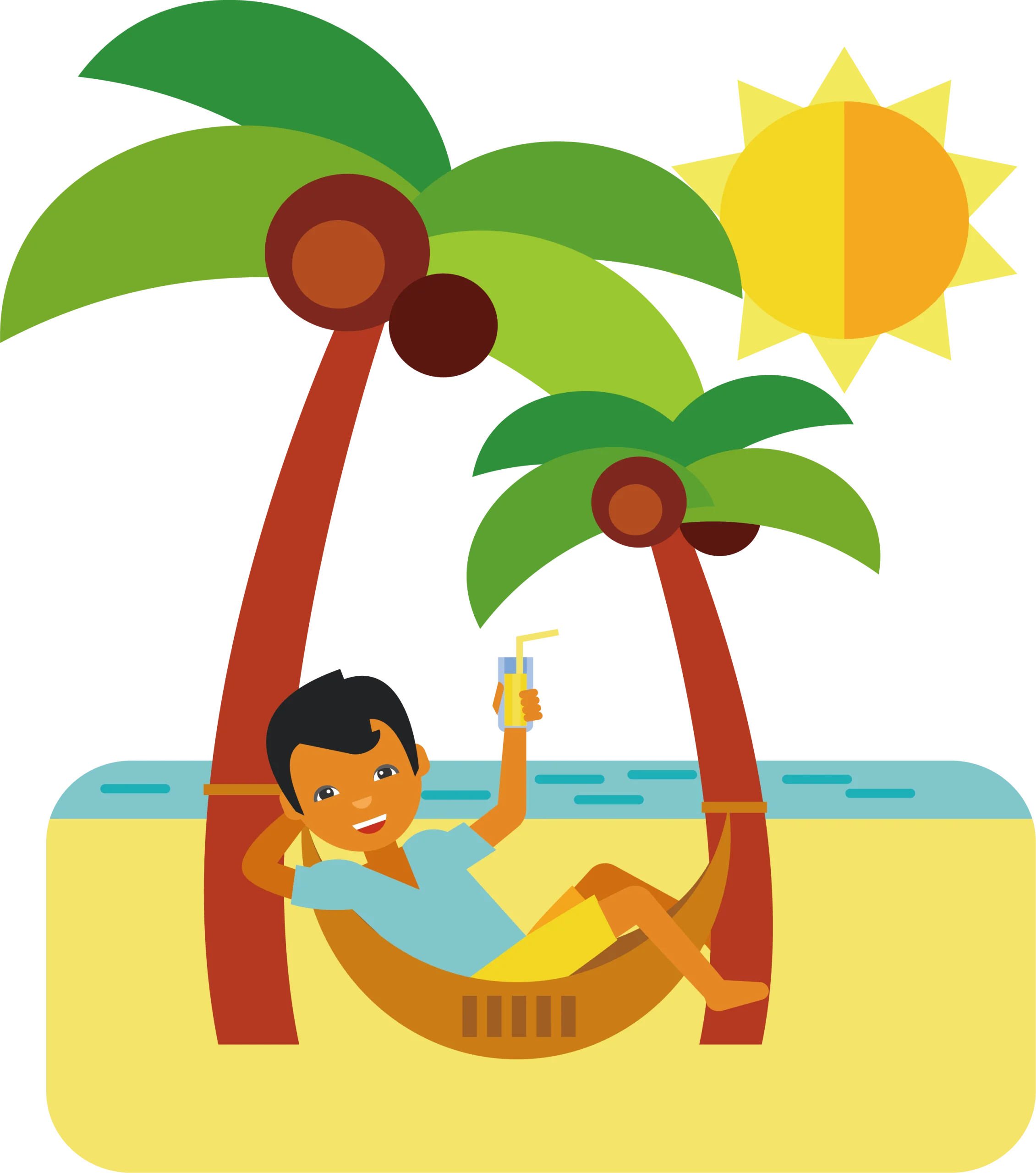 Tropical Beach Relaxation Clipart: Hammock Paradise Under Palm Trees