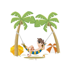 Tropical Beach Relaxation Clipart: Sunny Getaway with Palm Trees and Leisure