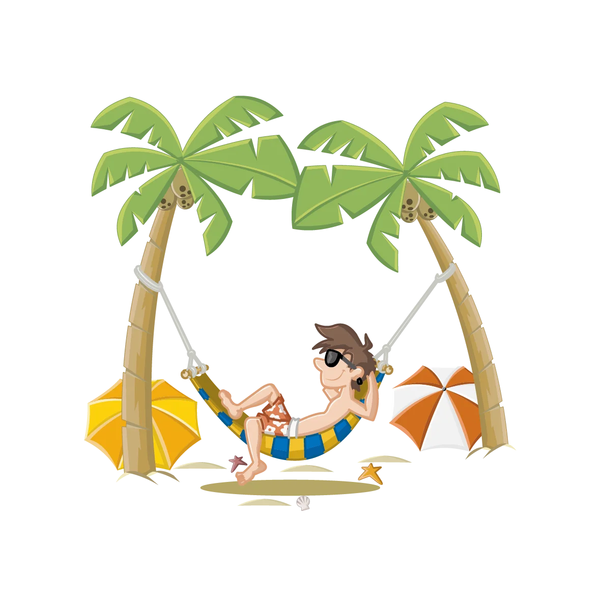 Tropical Beach Relaxation Clipart: Sunny Getaway with Palm Trees and Leisure
