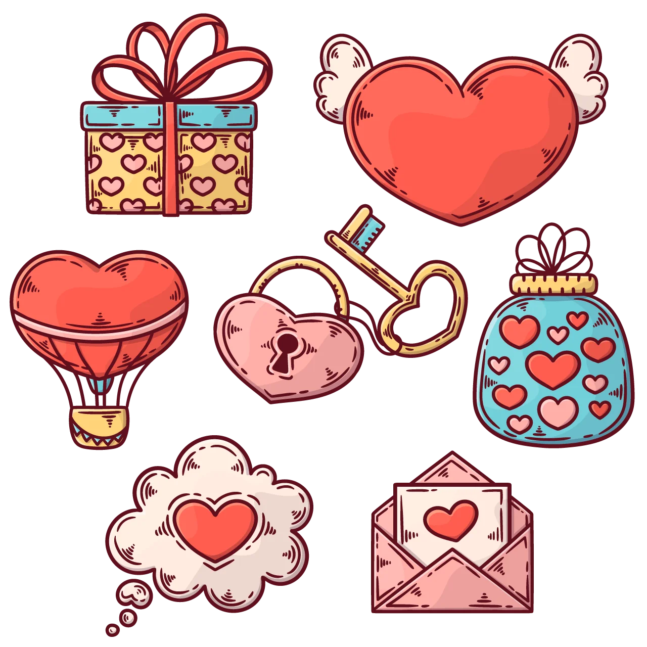 Adorable Love-Themed Clipart Collection: Romantic Hearts and Surprise Elements