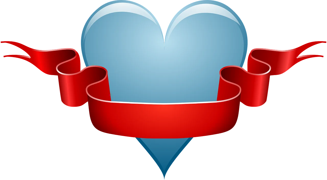 Elegant Blue Heart with Flowing Red Ribbon Romantic Clipart Design