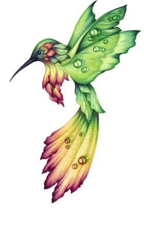 Emerald and Sunset Hues Watercolor Hummingbird Clipart with Delicate Water Droplets