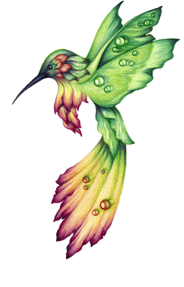 Emerald and Sunset Hues Watercolor Hummingbird Clipart with Delicate Water Droplets