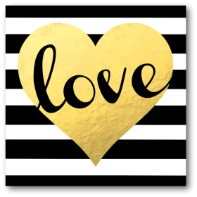 Golden Heart Love Clipart on Chic Black and White Striped Background