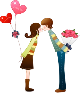 Romantic Love Scene Clipart: Tender Moment Between Sweethearts with Heart Balloons