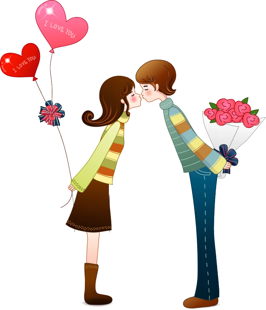 Romantic Love Scene Clipart: Tender Moment Between Sweethearts with Heart Balloons