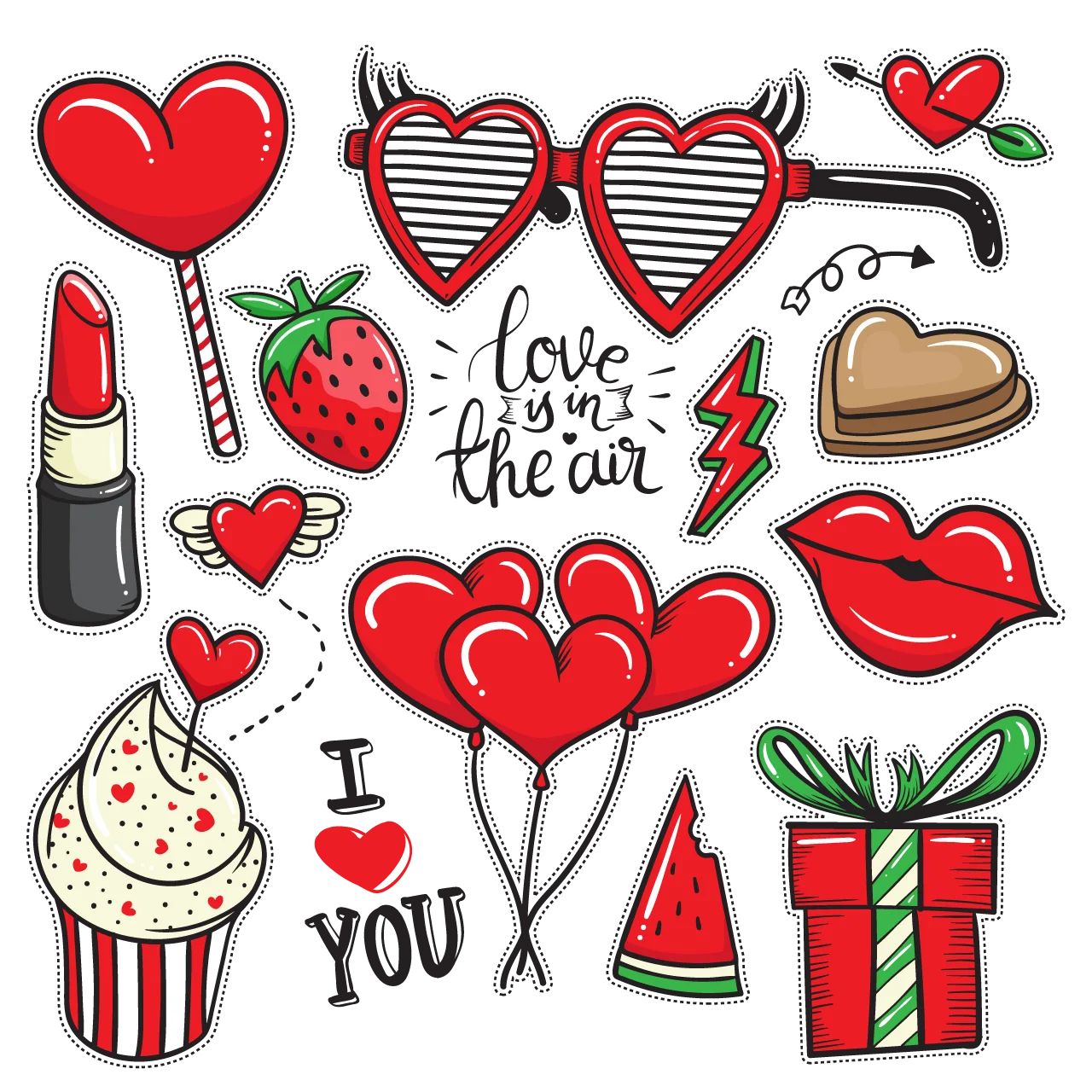 Romantic Love-Themed Sticker Collection Clipart with Hearts and Sweet Symbols