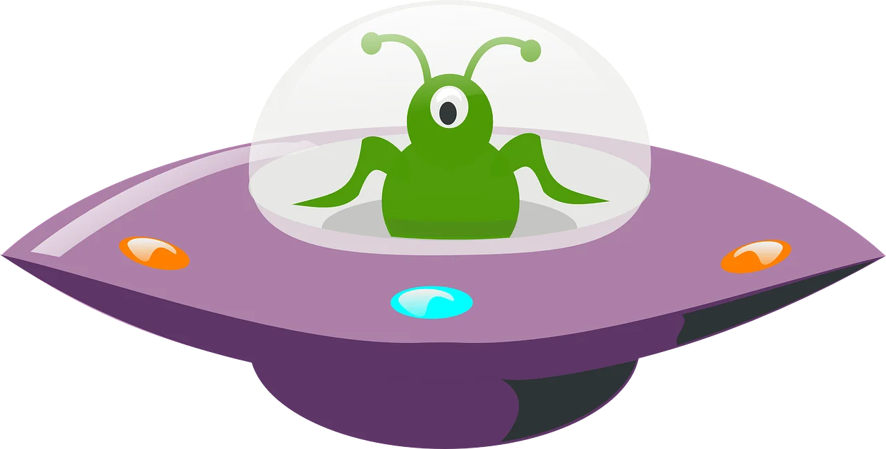 Whimsical Green Alien Pilot Navigating a Playful Cartoon UFO Clipart Design