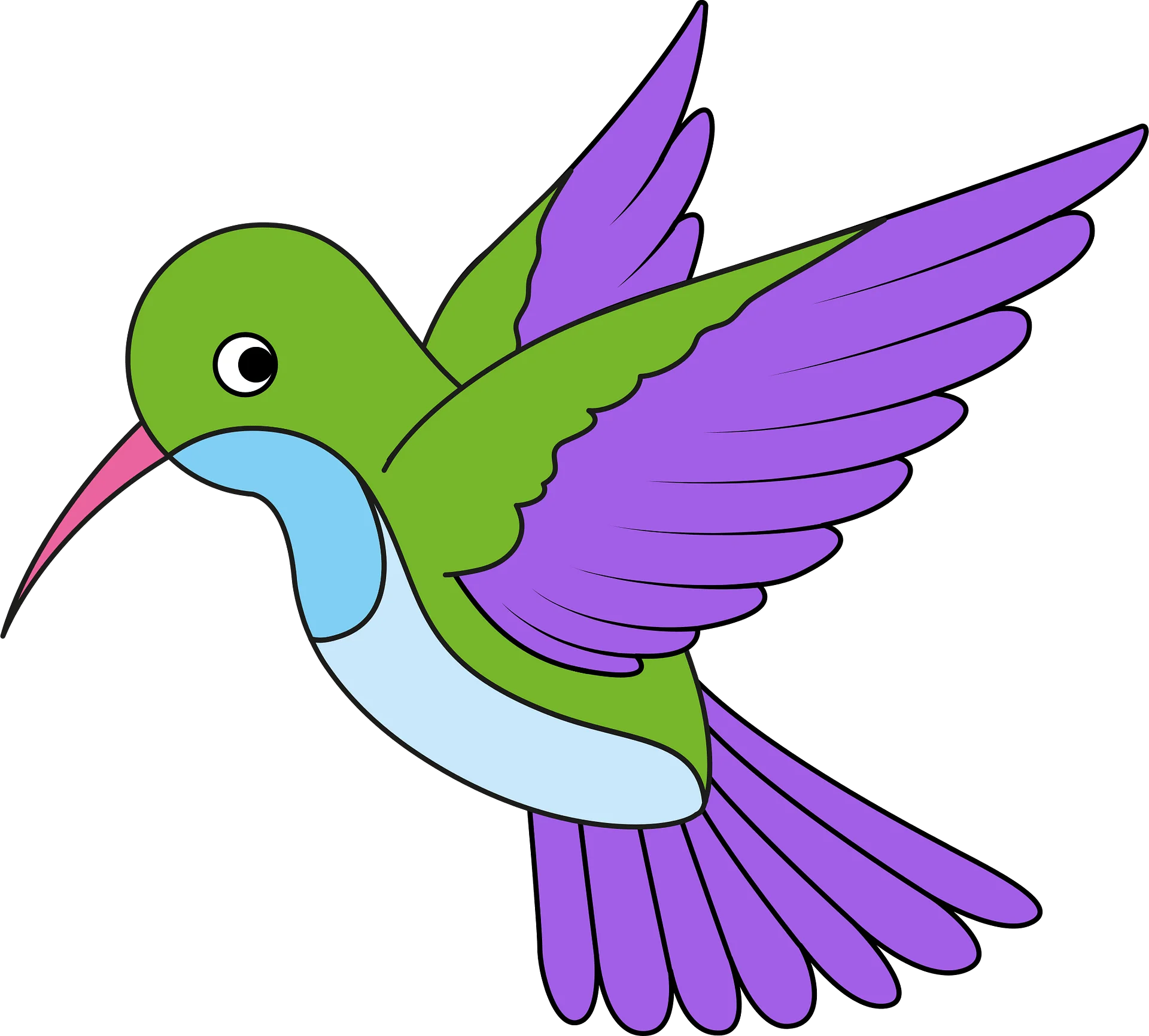 Whimsical Green and Purple Hummingbird Clipart Illustration with Playful Design