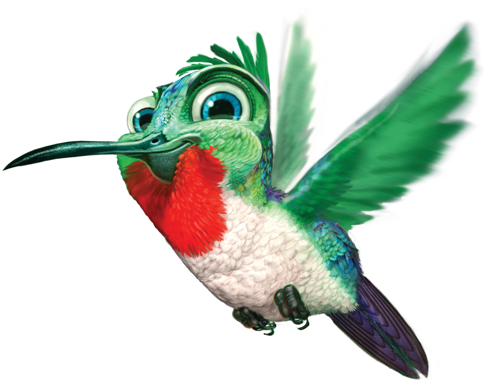 Whimsical Green and Red Cartoon Hummingbird Clipart with Expressive Features
