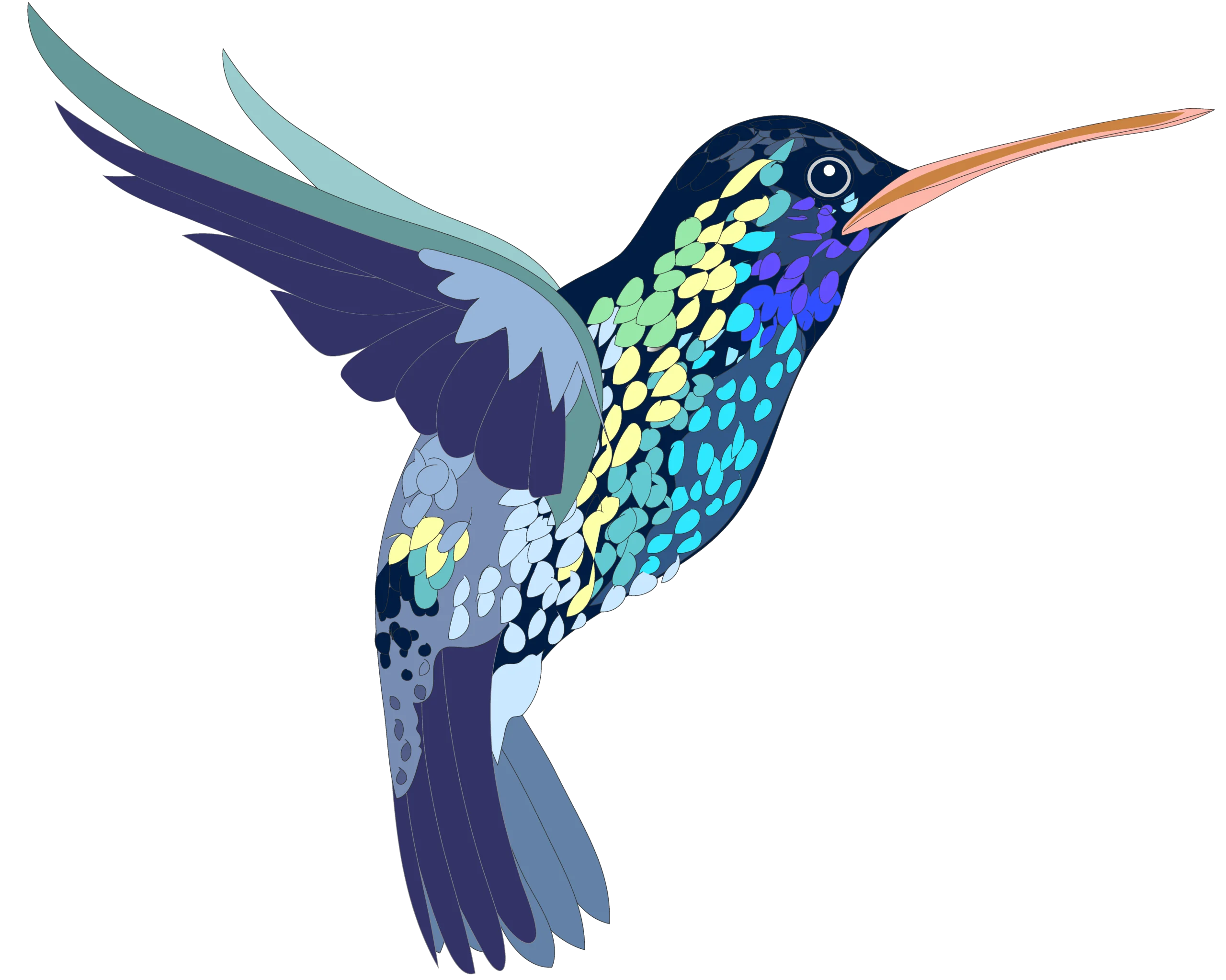 Whimsical Hummingbird Clipart with Iridescent Feather Mosaic Design
