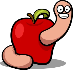 Cheerful Cartoon Worm Emerging Playfully from a Bright Red Apple Clipart Illustration