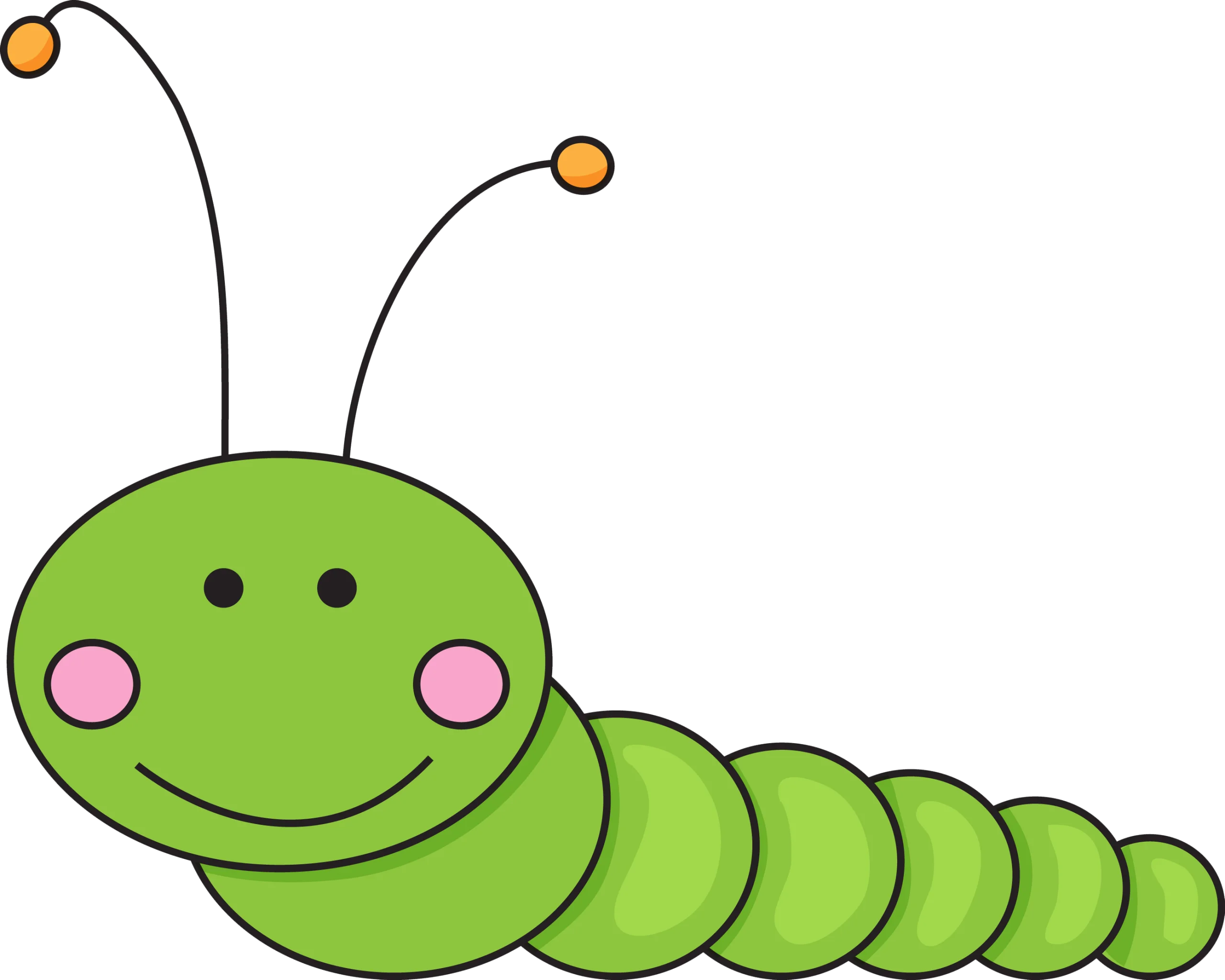Cheerful Green Caterpillar Clipart with Friendly Smiling Expression and Whimsical Antennae
