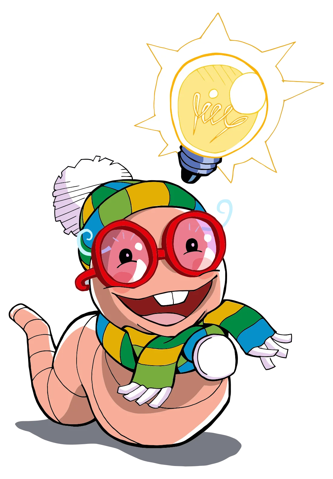 Cheerful Worm with Bright Idea Lightbulb - Cute Cartoon Clipart Adventure