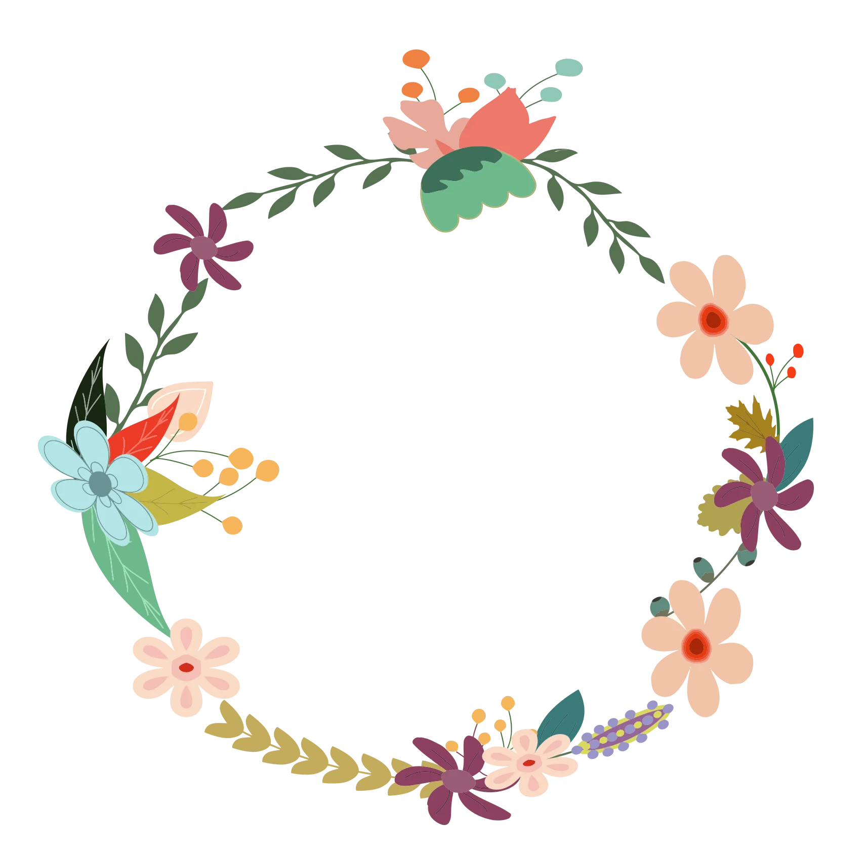 Delicate Botanical Wreath Clipart with Soft Pastel Floral Elements and Leafy Accents