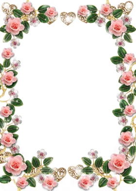 Delicate Romantic Pink Rose and Green Leaf Floral Border Clipart Frame Design