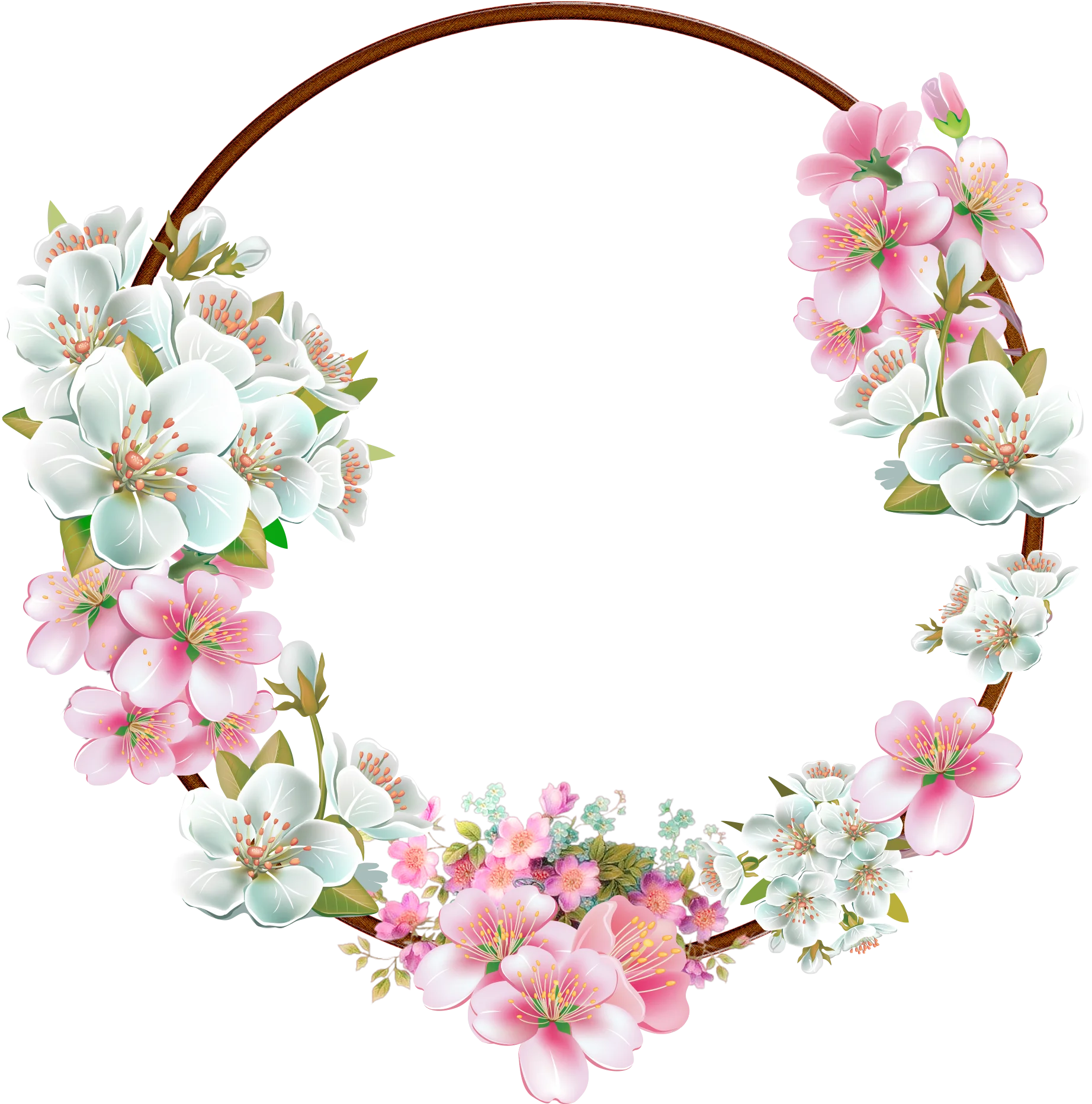 Delicate Watercolor Cherry Blossom and White Floral Wreath Clipart Design