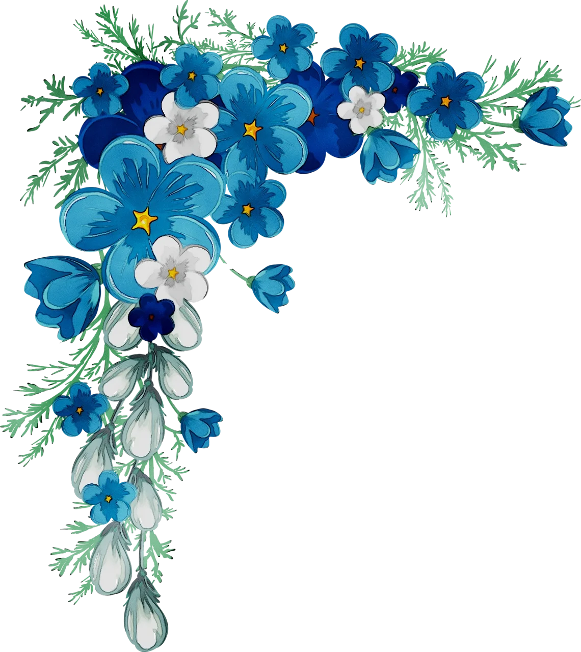 Elegant Blue and White Floral Corner Arrangement Watercolor Clipart Design