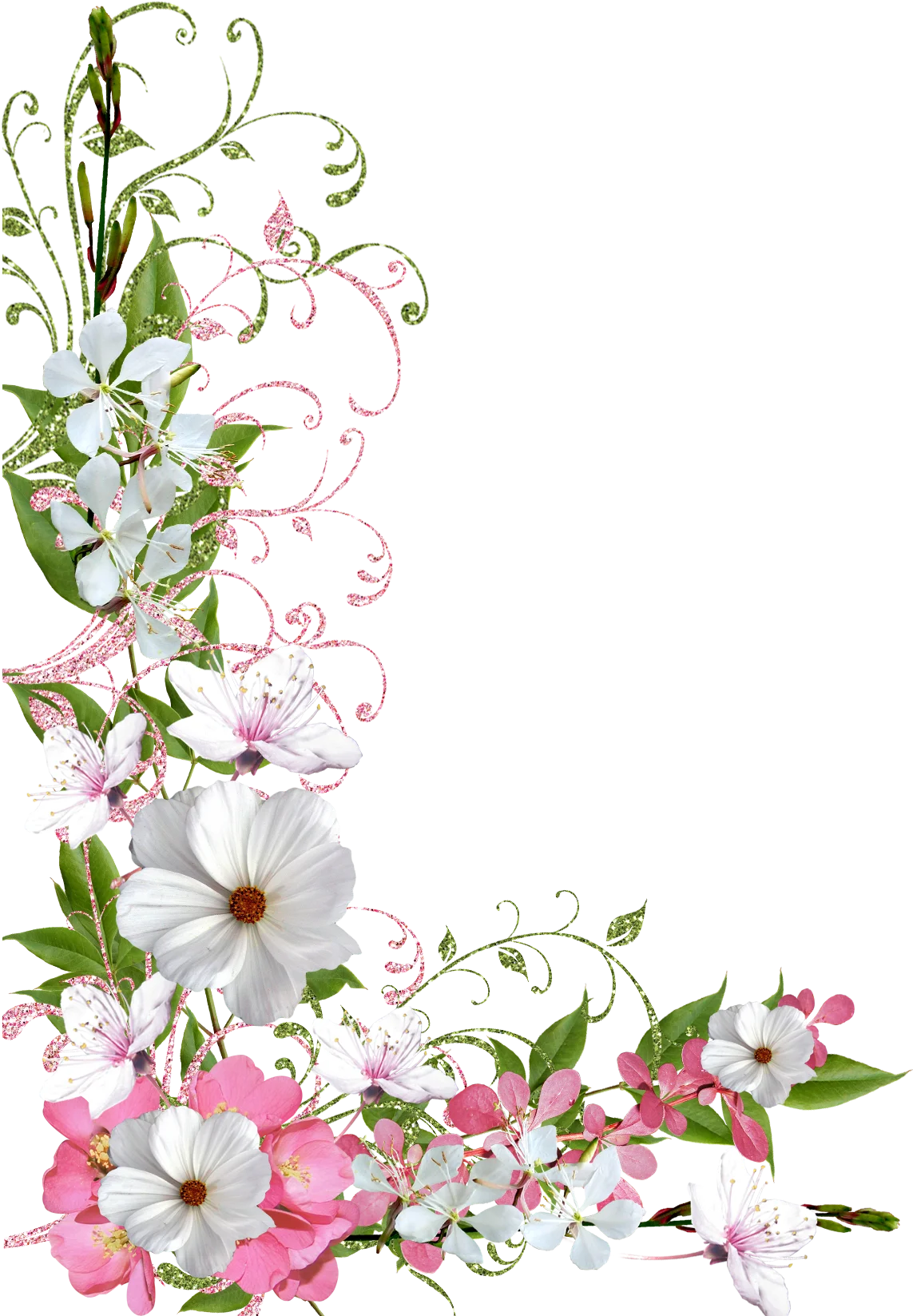 Elegant Pink and White Floral Corner Border Clipart with Delicate Swirling Vines