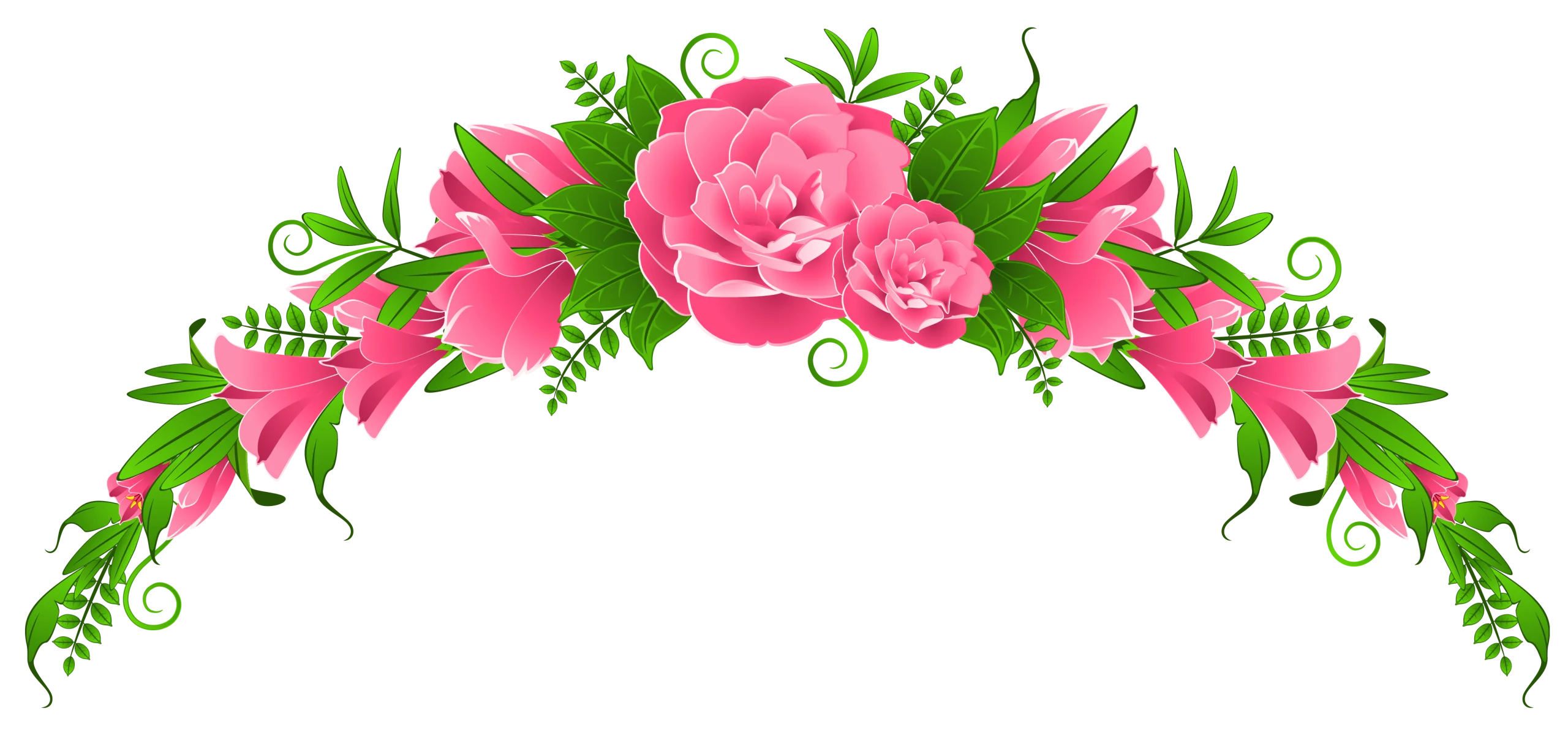 Elegant Pink Floral Arch Clipart with Lush Green Foliage and Swirling Tendrils