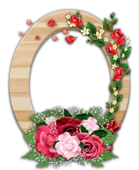 Elegant Wooden Round Floral Frame Clipart with Romantic Rose Arrangement