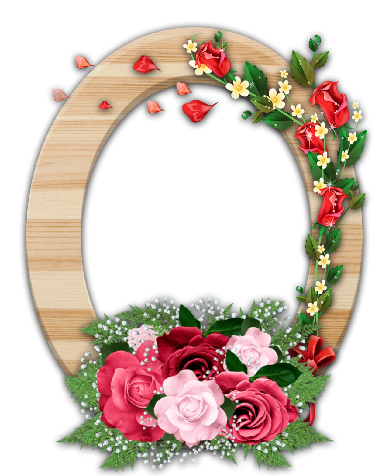 Elegant Wooden Round Floral Frame Clipart with Romantic Rose Arrangement