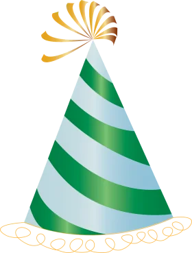 Festive Green and White Striped Birthday Party Hat Clipart with Swirling Topper