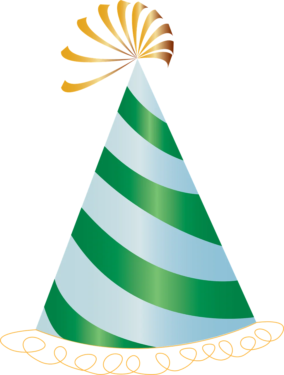 Festive Green and White Striped Birthday Party Hat Clipart with Swirling Topper