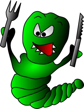 Mischievous Green Worm Clipart with Menacing Cutlery and Cartoon Expression