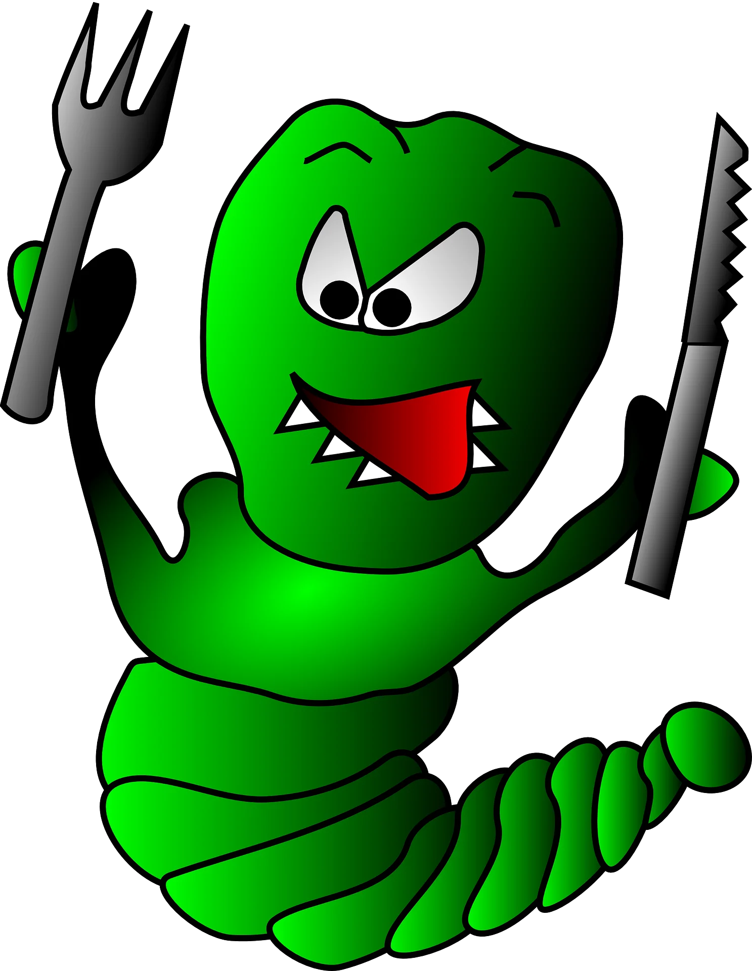 Mischievous Green Worm Clipart with Menacing Cutlery and Cartoon Expression