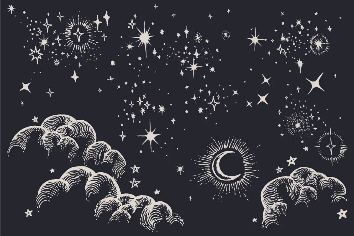 Enchanting Nocturnal Dreamscape: Mystical Moon and Starry Night Celestial Clipart Illustration