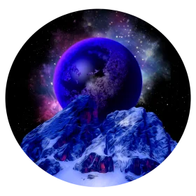 Ethereal Cosmic Dreamscape: Mysterious Blue Moon Clipart over Frosted Mountain Peaks