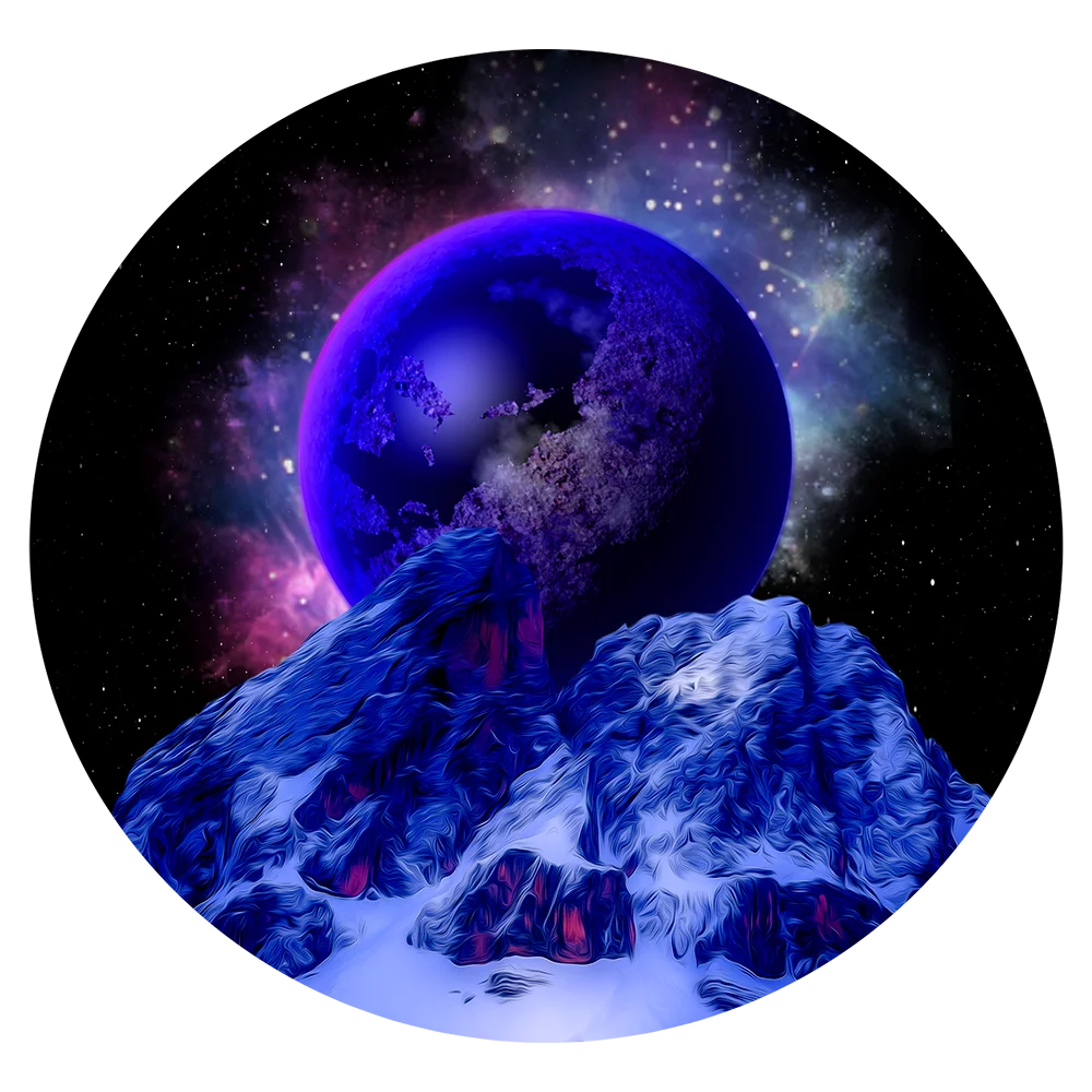Ethereal Cosmic Dreamscape: Mysterious Blue Moon Clipart over Frosted Mountain Peaks
