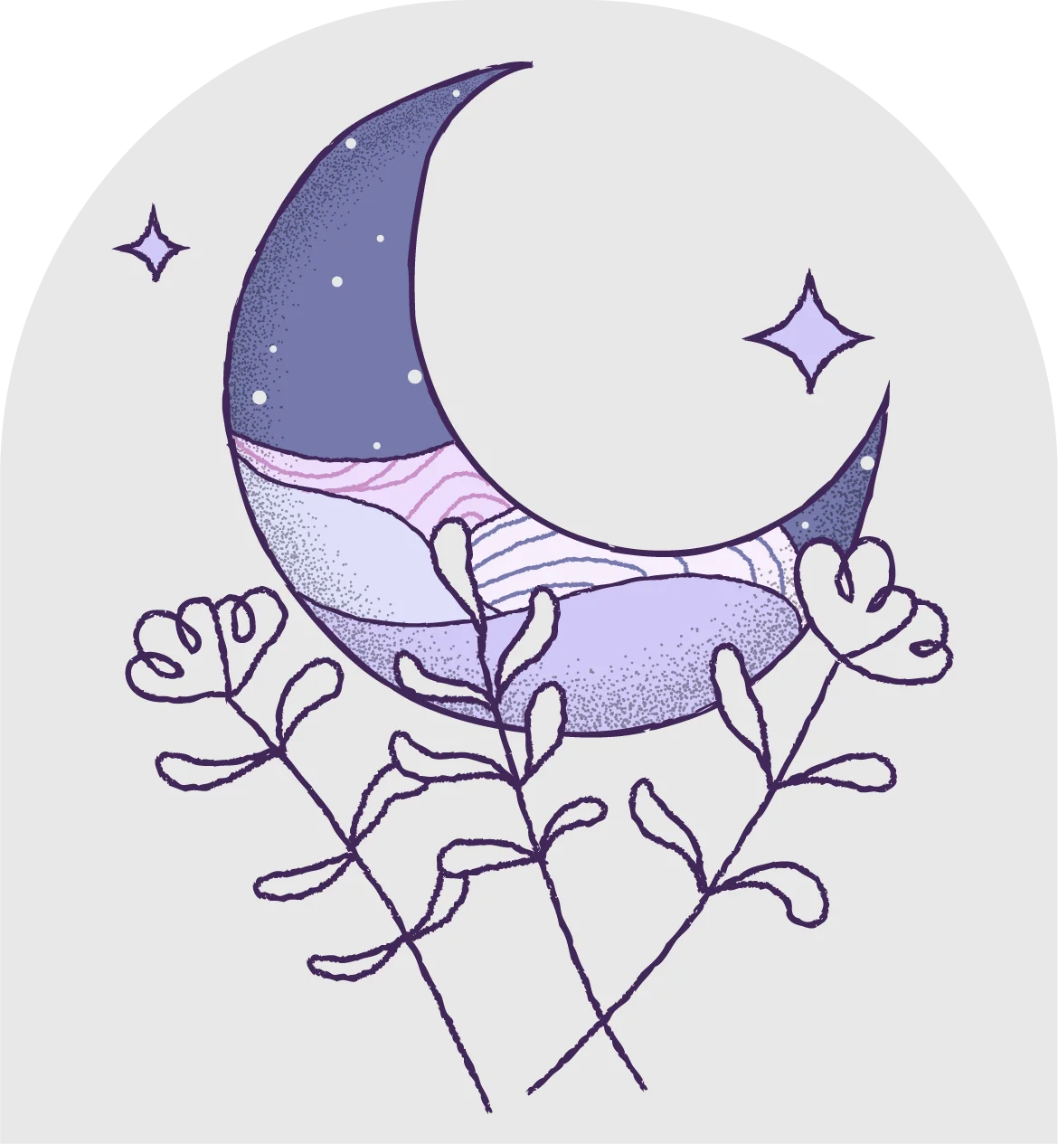 Ethereal Lunar Embrace: Delicate Botanical Moonscape Clipart Design