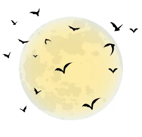 Serene Nocturnal Landscape with Full Moon and Silhouetted Flying Bats Clipart Illustration