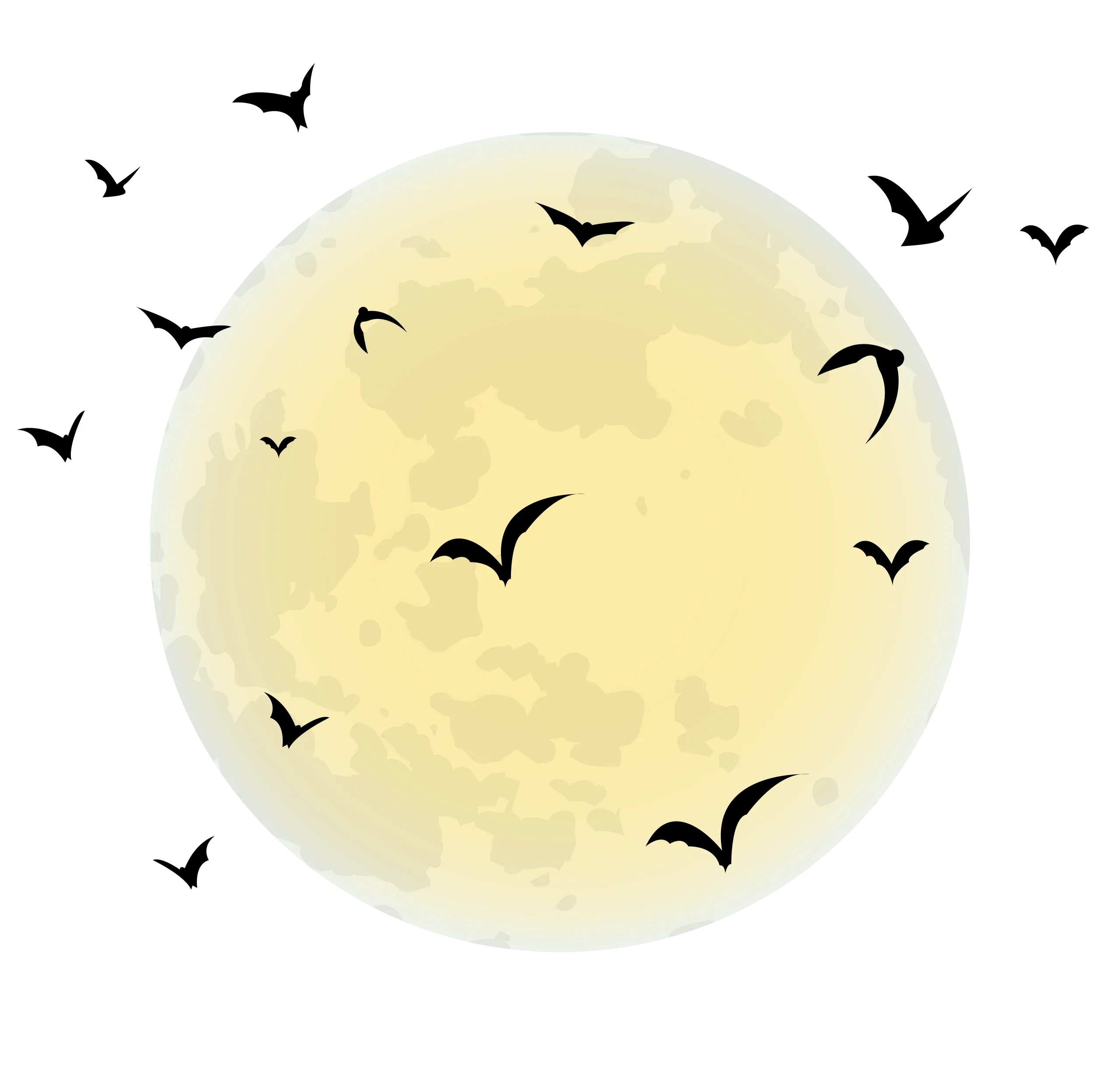 Serene Nocturnal Landscape with Full Moon and Silhouetted Flying Bats Clipart Illustration