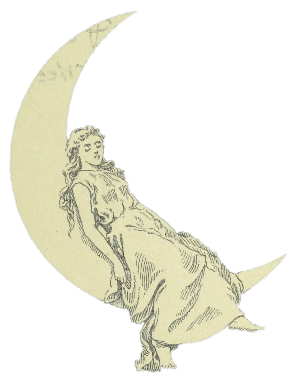 Vintage Ethereal Moon Goddess Reclining on Crescent Lunar Clipart Illustration