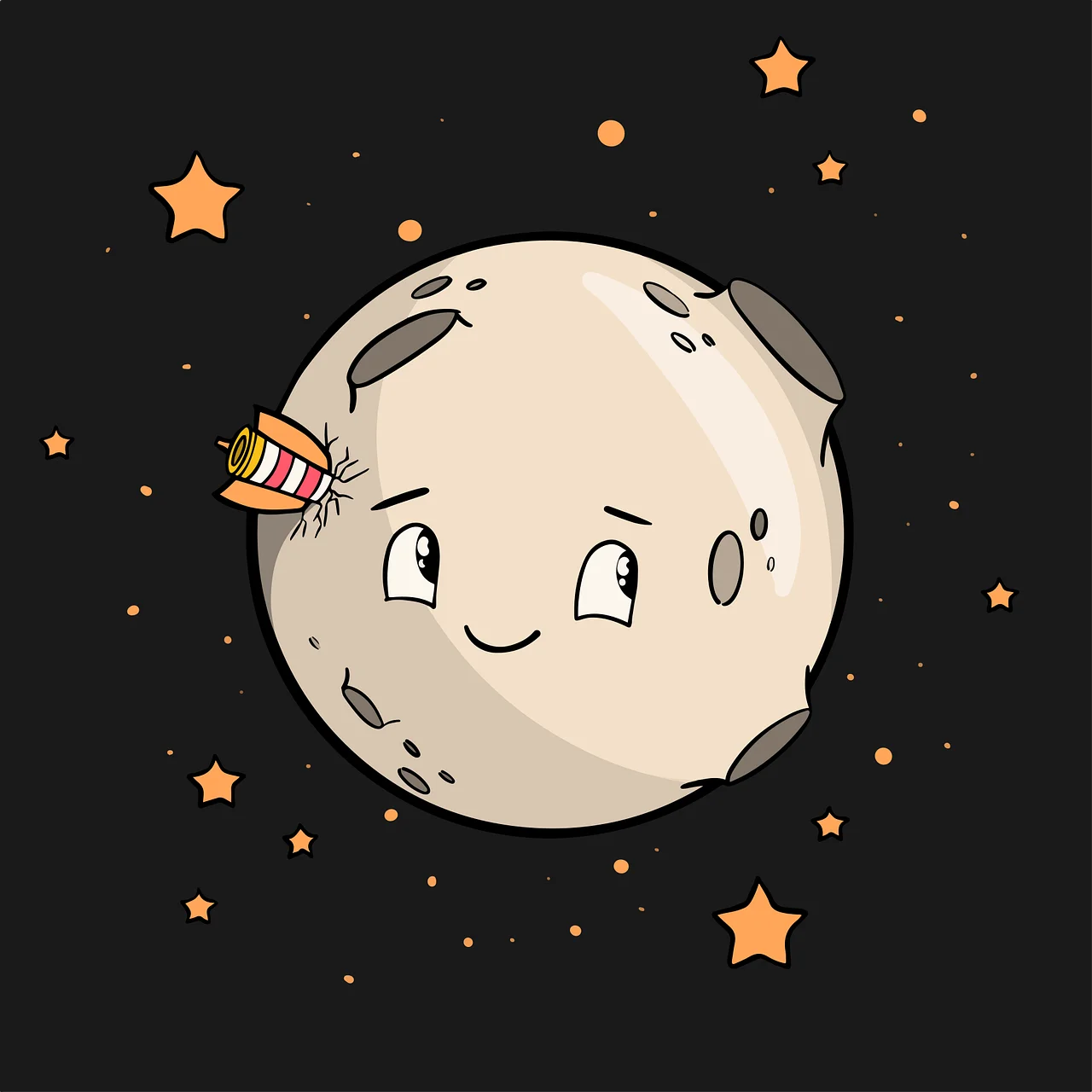 Whimsical Cartoon Moon Clipart with Adorable Personality and Starry Background