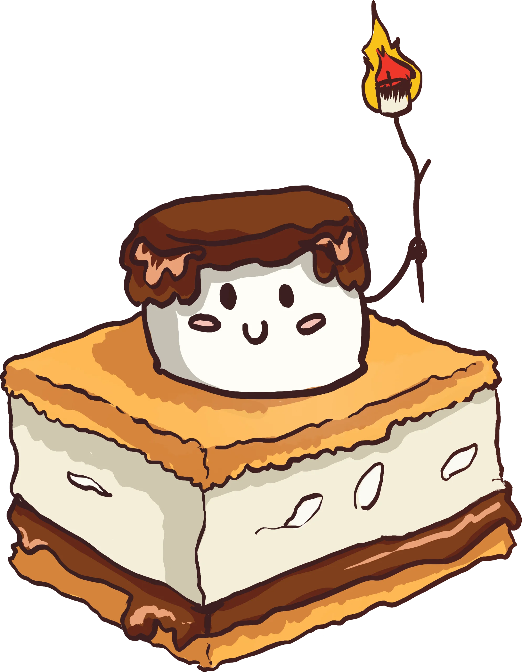 Cute Kawaii S'mores Marshmallow Character Clipart with Playful Flame
