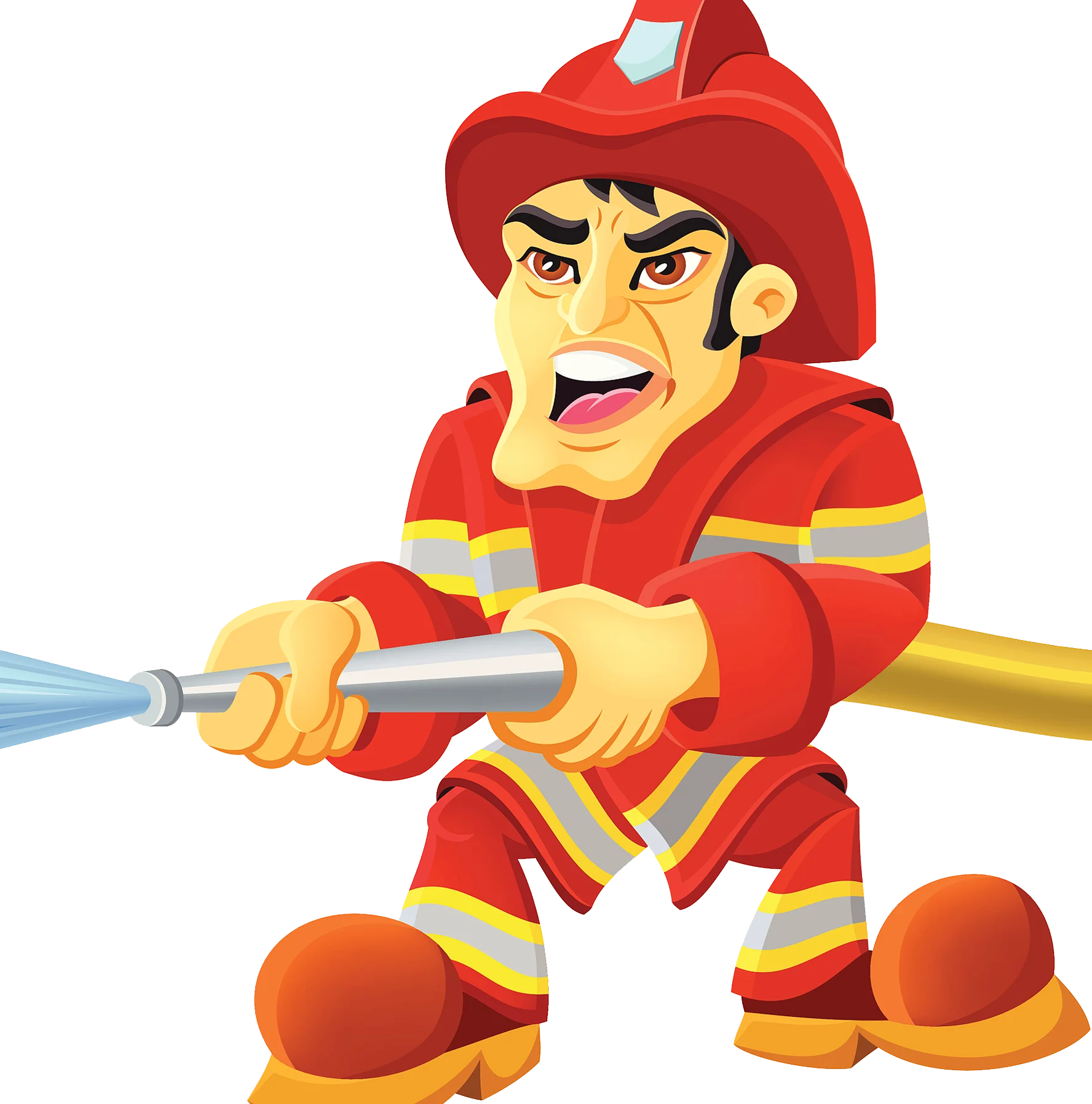 Courageous Firefighter Hero Battling Flames with Powerful Water Hose Clipart Illustration