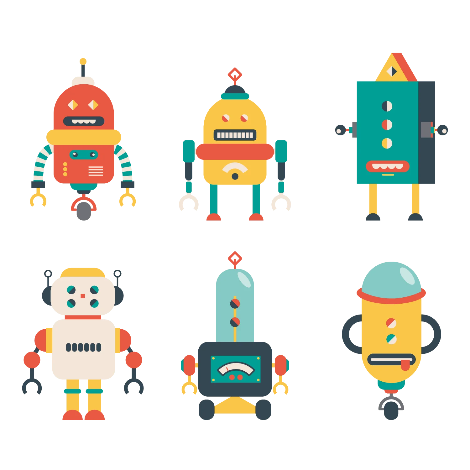 Adorable Retro-Inspired Robots Clipart Collection with Playful Geometric Designs