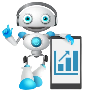 Adorable Robot Clipart Character Presenting Data Analytics with Cheerful Gesture