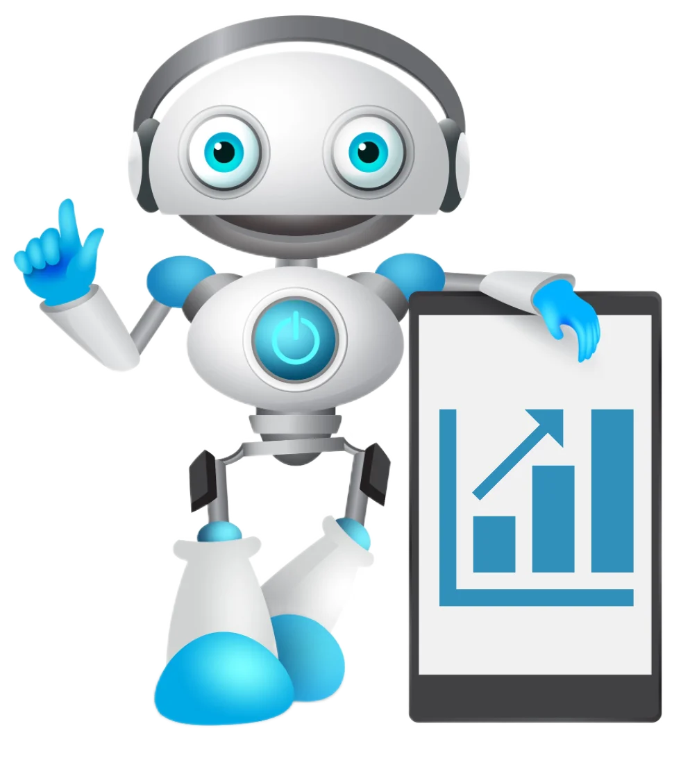 Adorable Robot Clipart Character Presenting Data Analytics with Cheerful Gesture