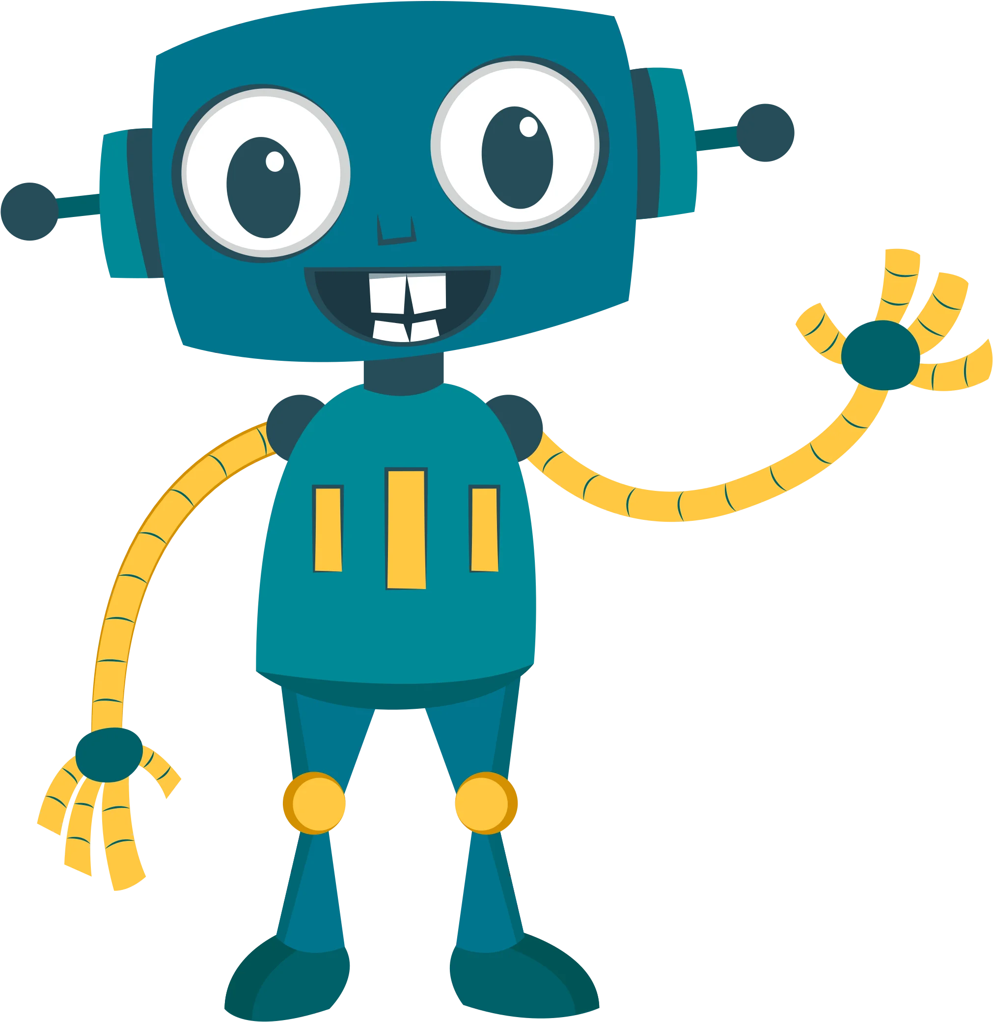 Adorable Teal and Yellow Cartoon Robot Clipart with Expressive Eyes