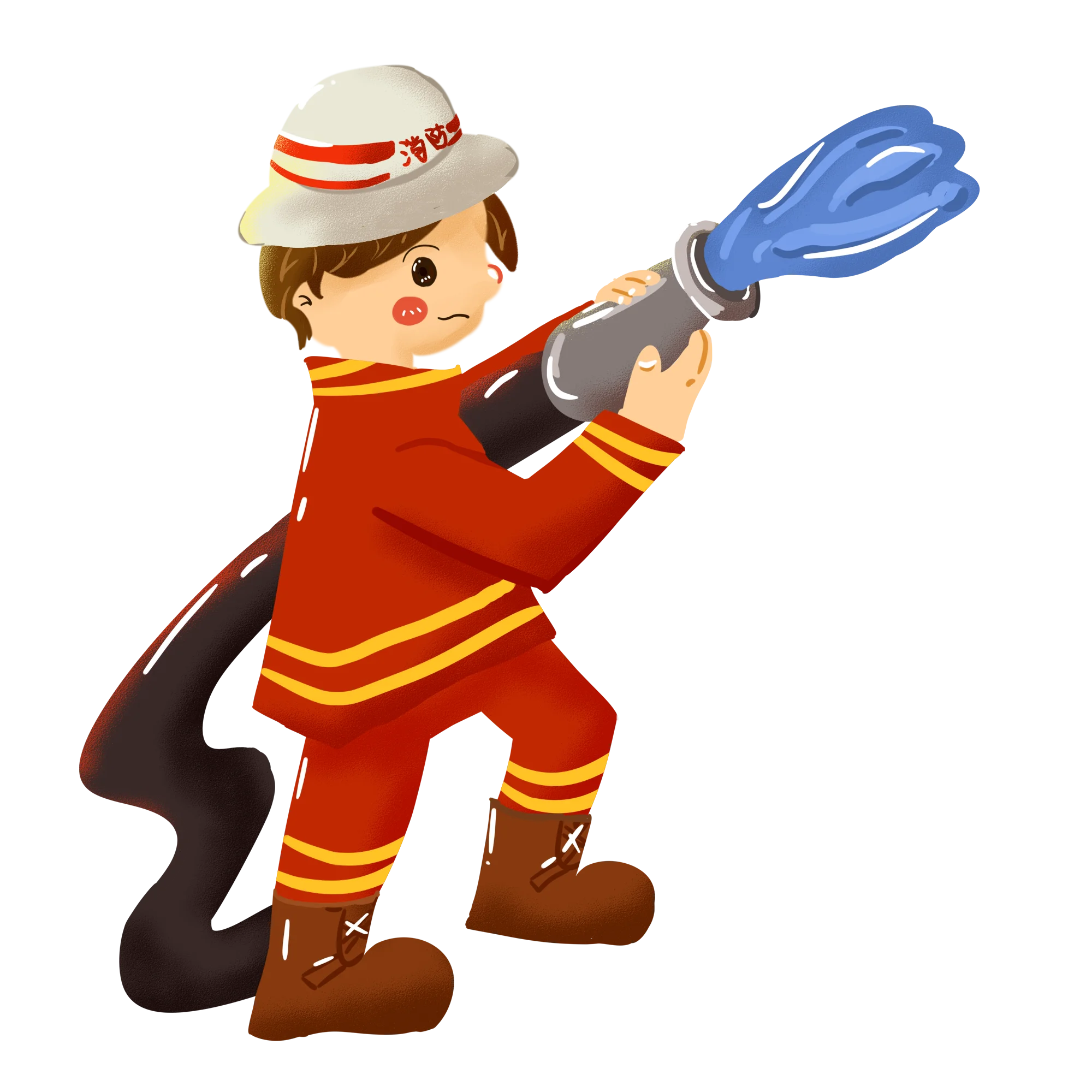 Brave Little Firefighter Hero in Stylized Cartoon Clipart Illustration