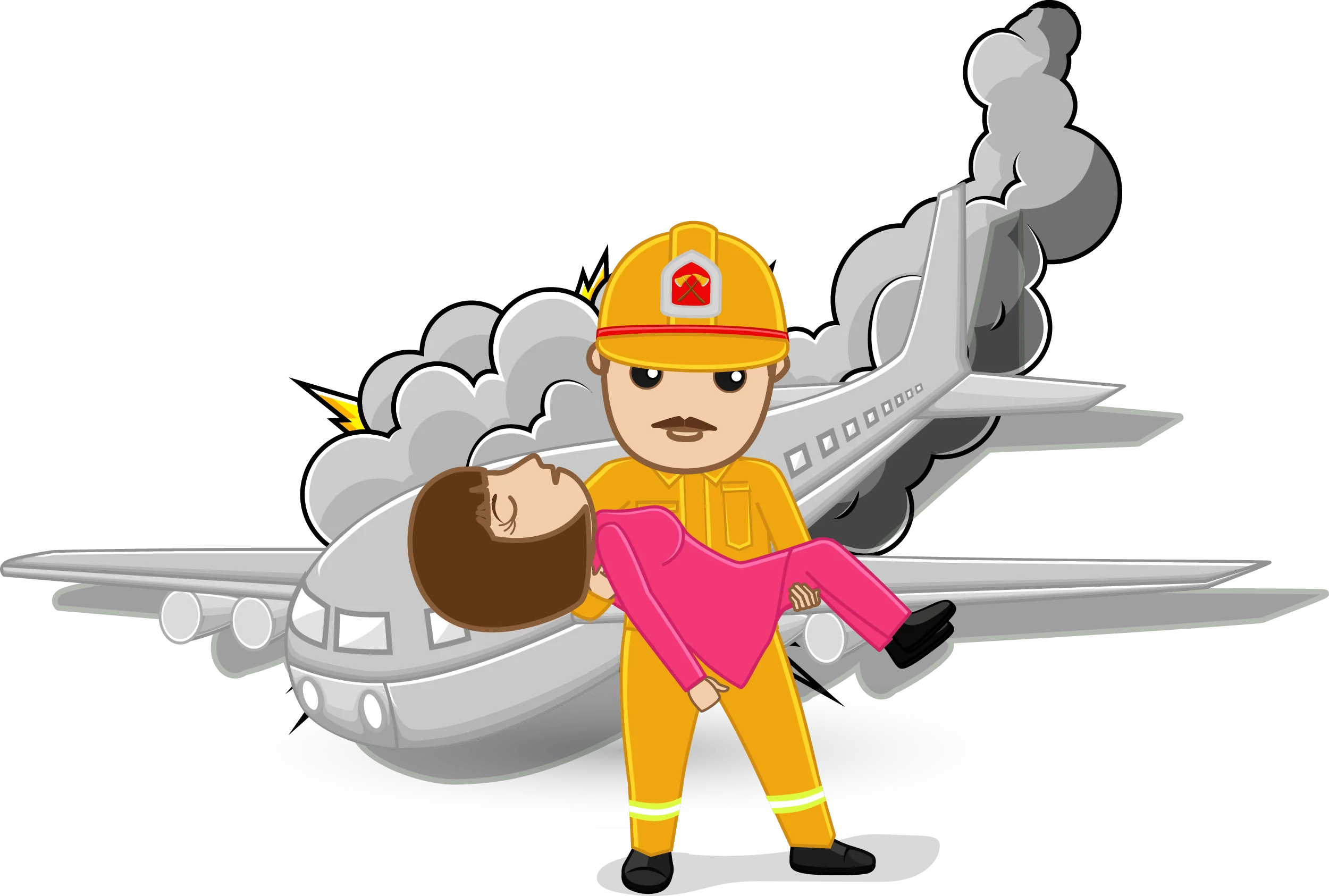 Brave Young Firefighter Hero Cartoon Clipart Standing Near Emergency Aircraft