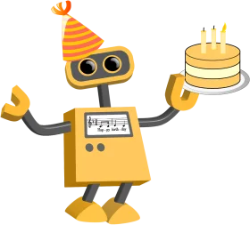 Cheerful Birthday Robot Clipart with Party Hat and Cake Celebration